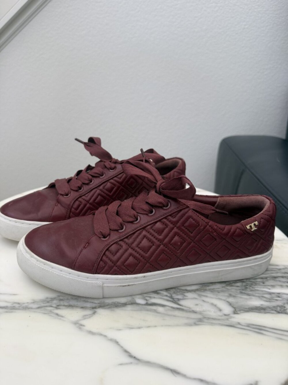 Tory Burch Burgundy Quilted Lace Up Sneakers Size 10